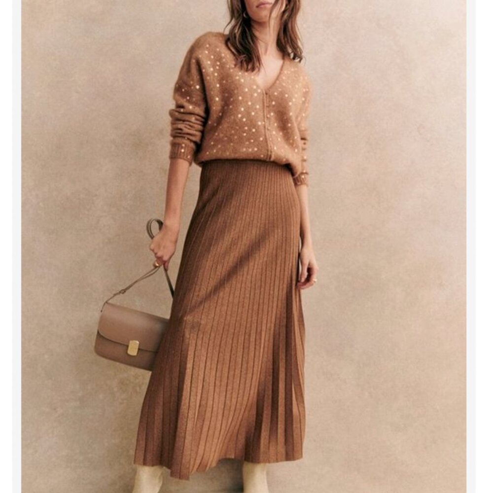 BEST Sezane Lizy Cardigan Camel Gold Polka Dot French Wool Causal - Picture 3 of 11